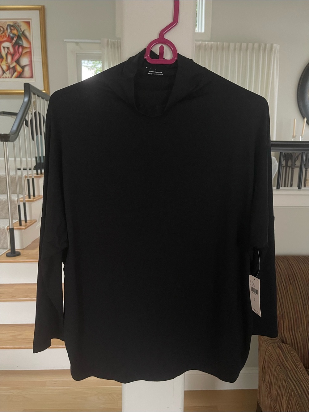 NWT Anthropologie Black Women's relaxed Mock Neck Top 3/4 sleeves